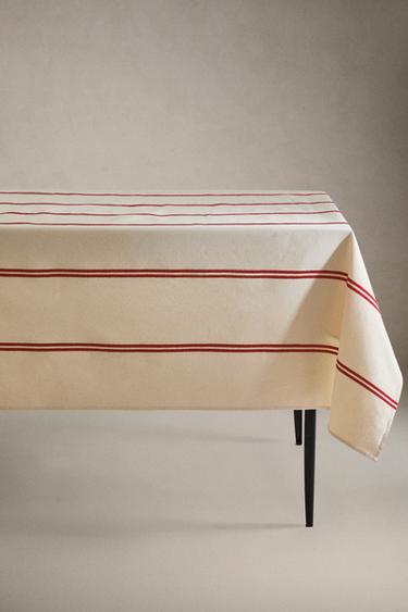 EMBROIDERED DOUBLE STRIPE TABLECLOTH - Ecru / Red by Zara