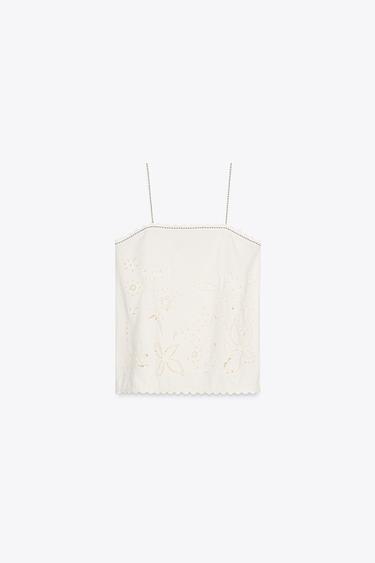 EMBROIDERED TOP WITH TOPSTITCHING ZW COLLECTION - Ecru by Zara - Image 7