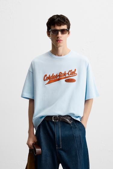 T-SHIRT WITH TERRYCLOTH PATCH - Sky blue by Zara
