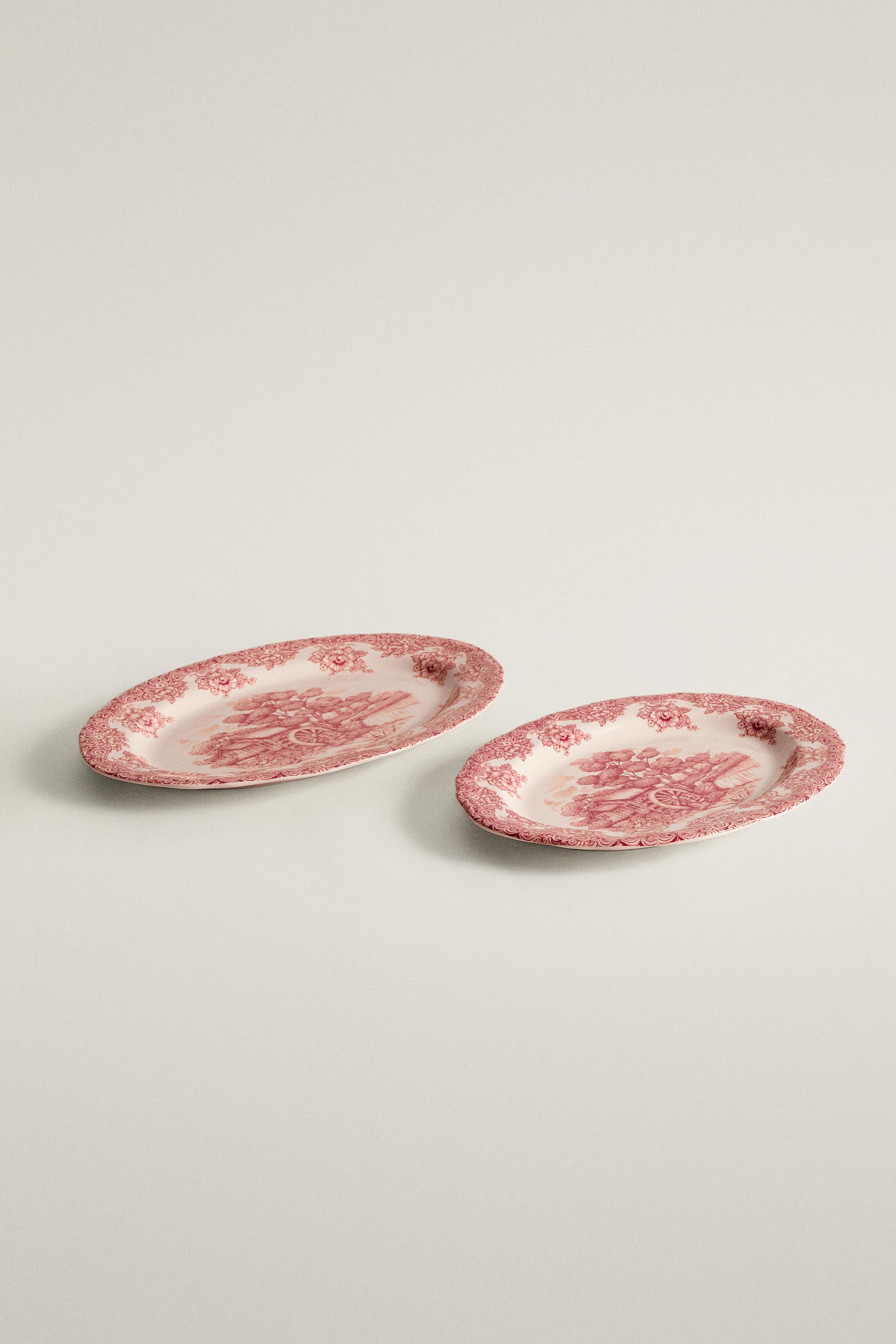 OVAL EARTHENWARE SERVING DISH WITH FLOWERS AND LANDSCAPE