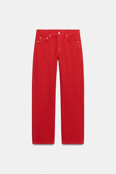 JEANS ZW COLLECTION 미드라이즈 스트레이트 - Zara 레드
