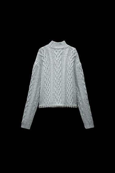 CABLE-KNIT SWEATER WITH BEADS - Grey by Zara