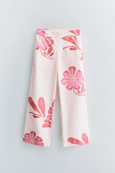 Zara STRAIGHT LEG FLORAL PANTS - Pink