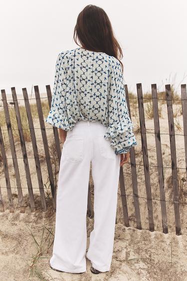 PRINTED BLOUSE WITH METALLIC THREAD - Ecru / Blue by Zara - Image 2