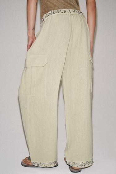 PANTALON CARGO SEQUINS ZW COLLECTION - Kaki clair de Zara - Image 2