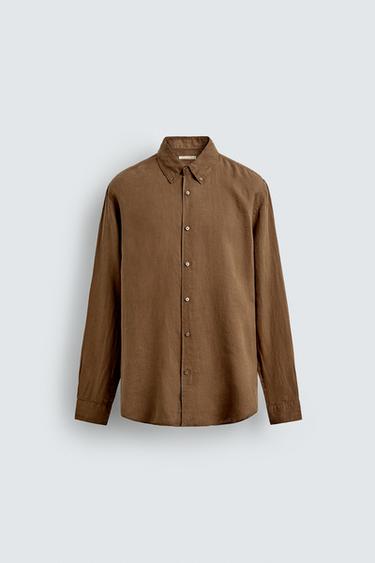 Zara REGULAR FIT 100% LINEN SHIRT - Caramel