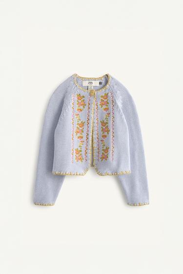 Zara CROSS-STITCH EMBROIDERED FLORAL KNIT CARDIGAN LIMITED EDITION - Sky blue