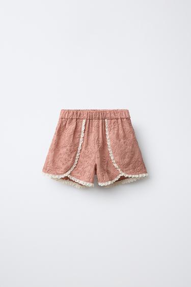 LACE TRIM EMBROIDERED FLORAL BERMUDA SHORTS - Clay by Zara