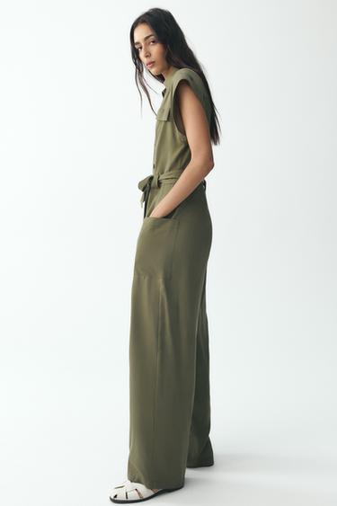 Zara BELTED LONG JUMPSUIT - Khaki