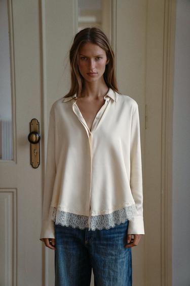 SATIJNEN BLOUSE MET KANT - Ecru van Zara