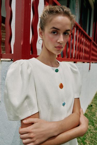 ROBE COURTE À MANCHES BOUFFANTES - Blanc cassé de Zara - Image 3