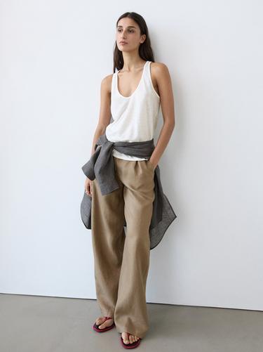 Pantalón wide leg goma 100% lino - Verde claro de Zara