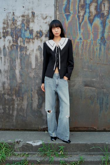 TRF ダメージ加工ミッドライズボーイフレンドジーンズブルーZaraのTRF ダメージ加工ミッドライズボーイフレンドジーンズ - ブルー 