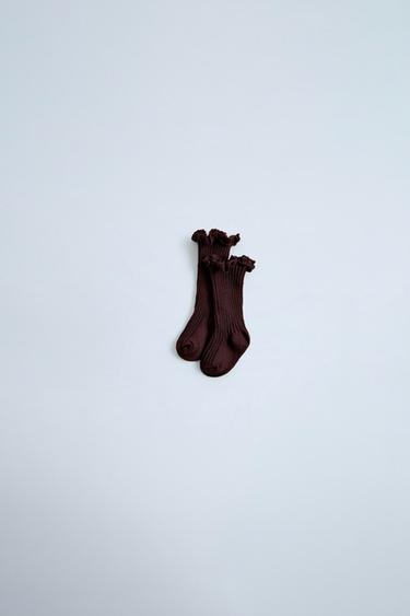 LANGE SOCKEN MIT SPITZENKANTE - Weinrot von Zara