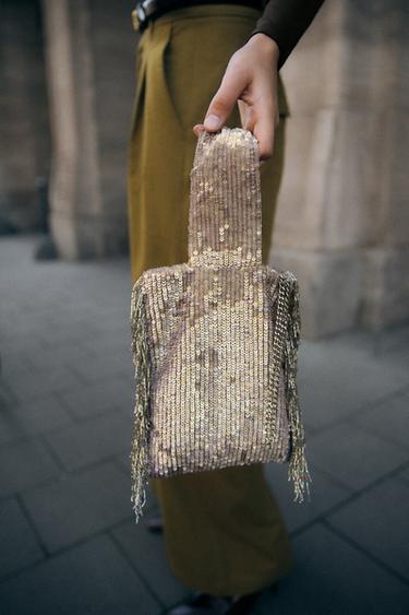 SEQUINNED FRINGED MINI BUCKET BAG - Beige by Zara