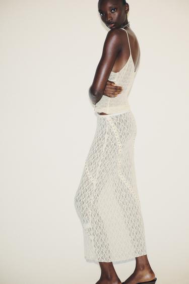 JUPE MIDI DENTELLE CLOUS - Écru de Zara