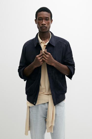 Zara Suede leather jacket with pockets - Blue