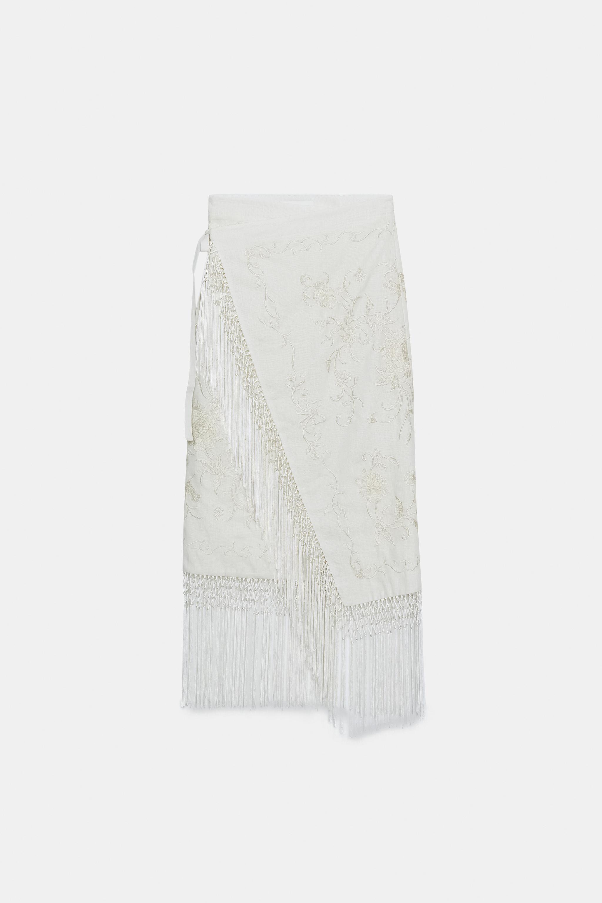 ZW COLLECTION 100% LINEN EMBROIDERED MIDI SKIRT - Ecru | ZARA