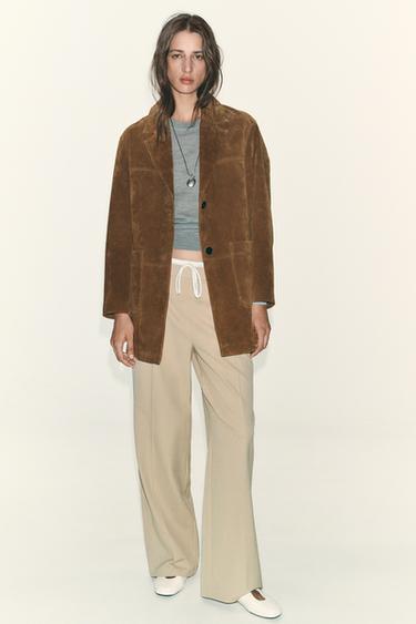 Zara WIDE-LEG 雙層腰身長褲 - 沙色