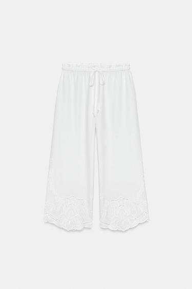 ZW COLLECTION EMBROIDERED LINEN BLEND TROUSERS - Oyster-white by Zara