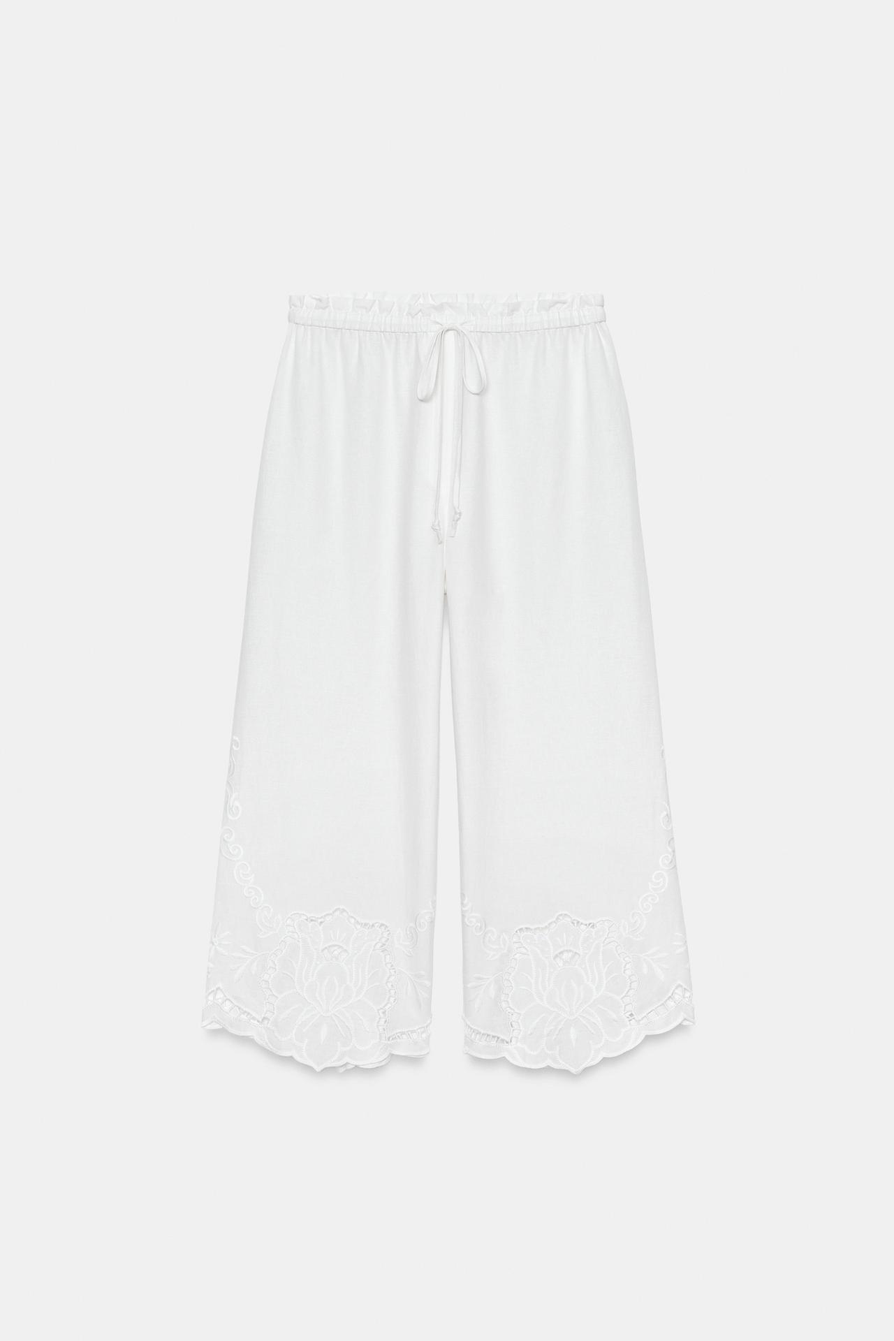 ZW COLLECTION LINEN EMBROIDERED PANTS — Oyster-white