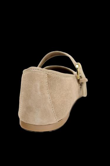 Zara SUEDE STRAP BALLET FLATS - Sandy Brown