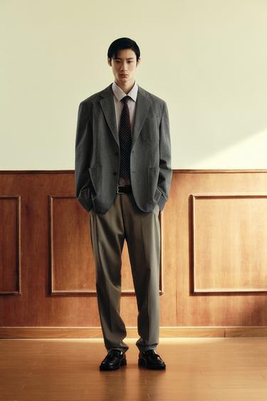 Zara 人字紋紋理西裝外套 - 灰綠色