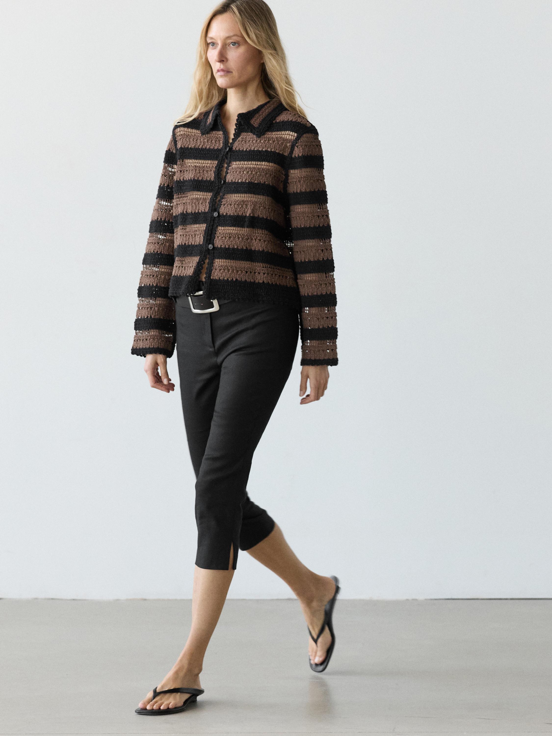 Short striped crochet knit cardigan