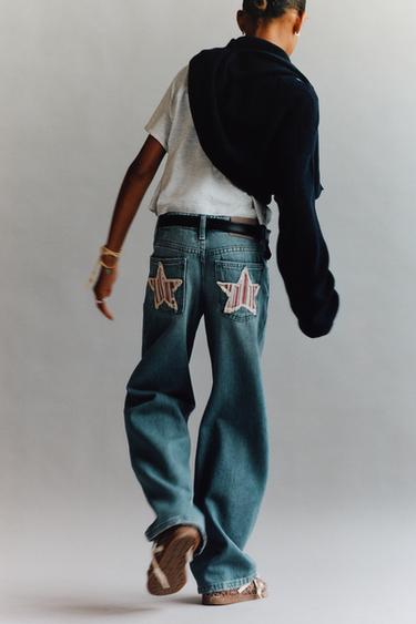JEANS WIDE LEG PARCHE ESTRELLA - Petróleo de Zara