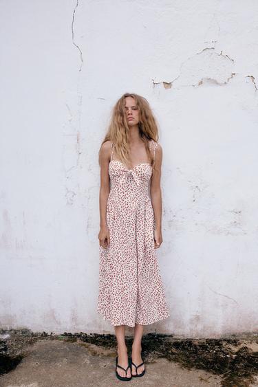 ROBE MI-LONGUE IMPRIMÉE EN POPELINE - Blanc / Rouge de Zara - Image 0