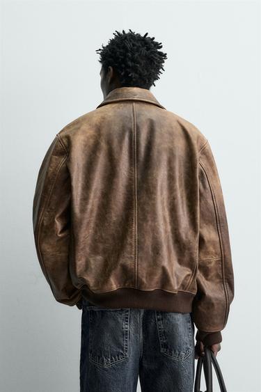 BLOUSON EN CUIR EFFET VINTAGE - Tabac de Zara - Image 2