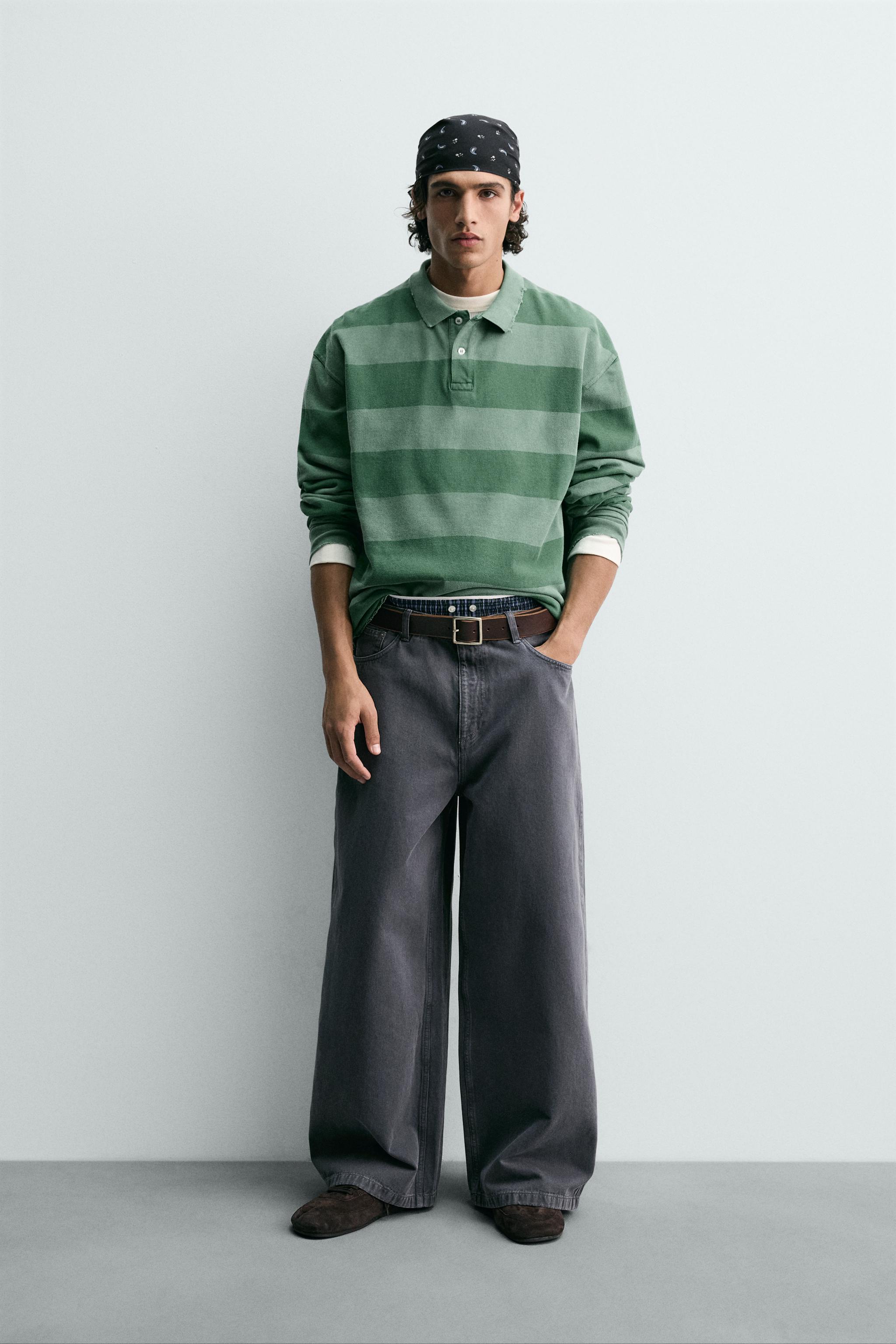 ウォッシュドストライプピケポロシャツ - rウォッシュグリーン | ZARA