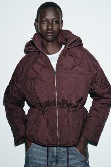 Zara HOODED PUFFER JACKET - Maroon