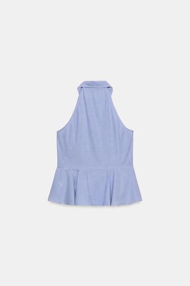 HALTERNECK STRIPED PEPLUM SHIRT - Ecru / Blue by Zara - Image 7