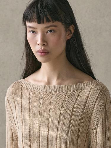 Pull maille col bateau coton mélangé - Beige clair de Zara