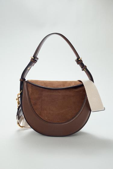 Zara CROSSBODY BAG WITH LEATHER FLAP - Chocolate