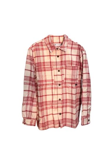 Red and cream checked long-sleeved casual shirt. Features buttons, chest pockets, and a ZARA label on the neck, on a white background.