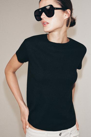 Zara SHORT SLEEVE LINEN BLEND T-SHIRT - Charcoal