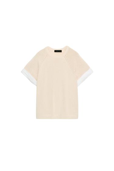 Zara KOMBINOVANI PLETENI DŽEMPER SA PODVRNUTIM RUKAVIMA – Ekru