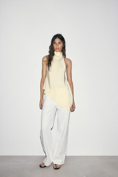 Zara SATIN EFFECT HALTER TOP - Light yellow