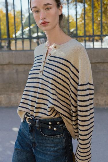 STRIPED KNIT JUMPER - Beige / Navy by Zara - Image 1