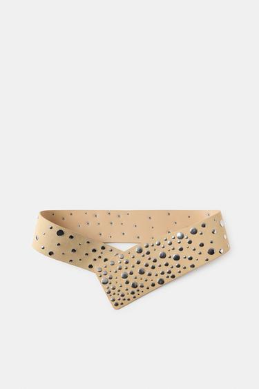 100% LEATHER CUMMERBUND BELT WITH STUDS - Light yellow by Zara