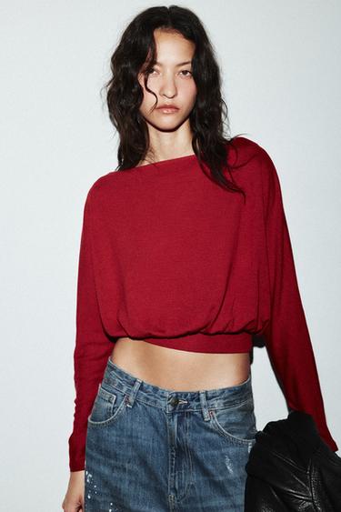 Zara SOFT LONG SLEEVE TOP - Dark red