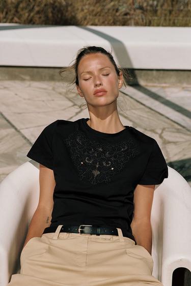 Zara COTTON EMBROIDERED T-SHIRT - Black