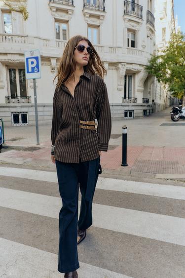 STRIPED SHIRT WITH BUCKLES - Brown / Ecru by Zara
