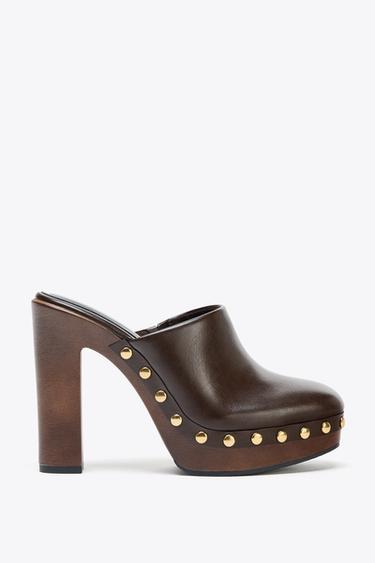 STUDDED HIGH HEEL CLOGS - Chocolate Brown by Zara