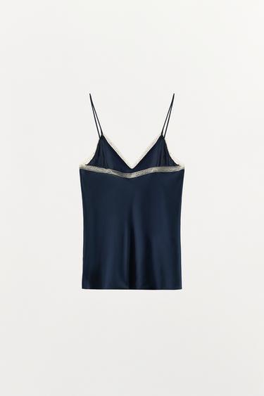 TOP STYLE LINGERIE EN SOIE 100% ET DENTELLE - Bleu marine / Blanc de Zara - Image 4