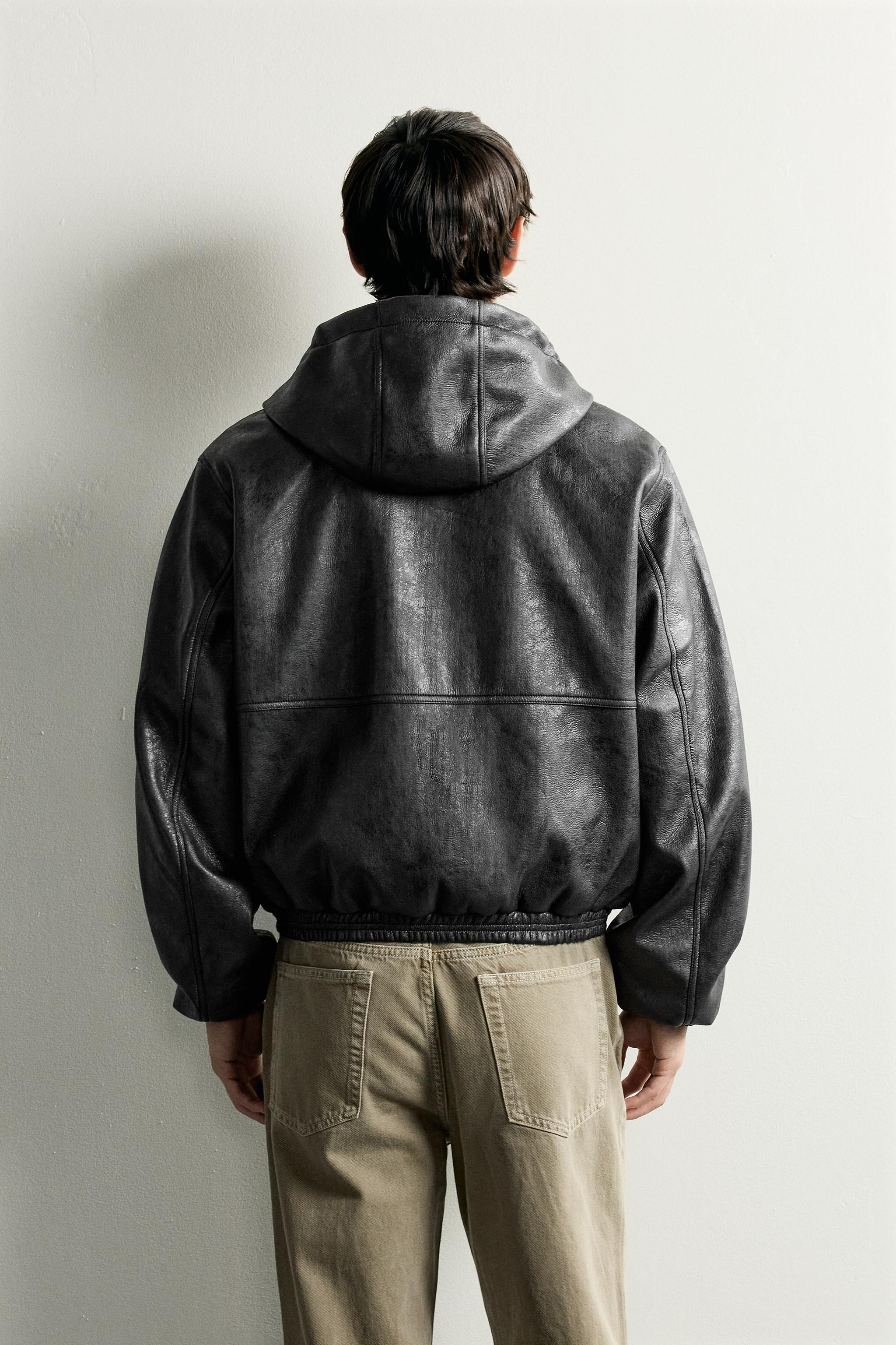 ZARA フェイクレザーフーデッドジャケット　Lサイズ フード フェイクレザー ボンバージャケット - ブラック | ZARA Japan