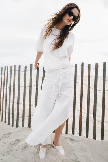 Zara ZW COLLECTION 100% LINEN VENTED PANTS - White