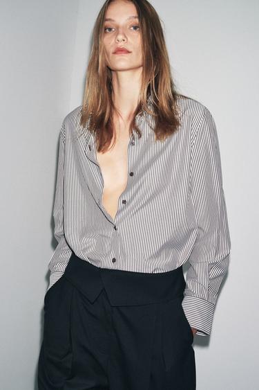 Zara FLOWY STRIPED SHIRT ZW COLLECTION - Dark brown